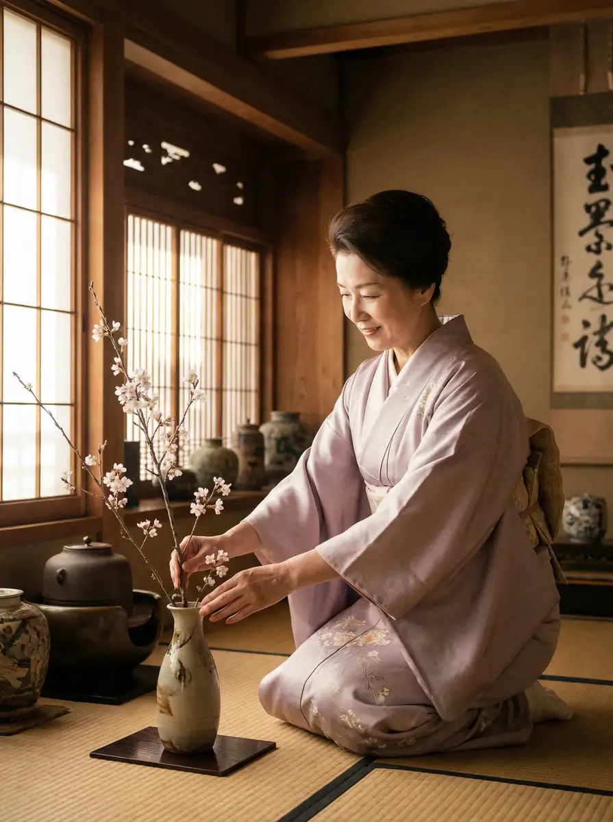 一位优雅的 为地球而战 在和室中插花